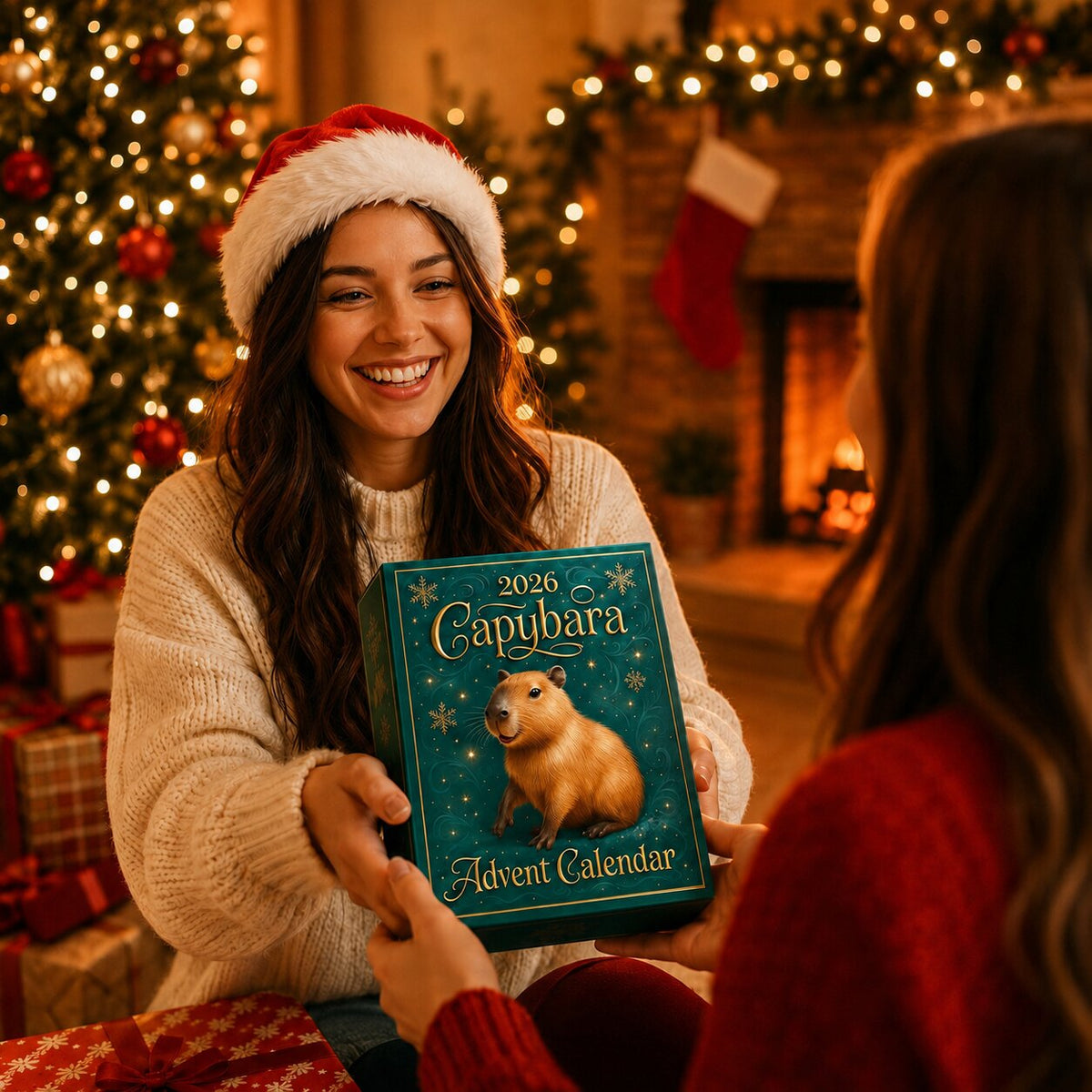 Smiling woman in a Santa hat and cream jumper hands the teal advent box to another person by a lit Christmas tree. 2