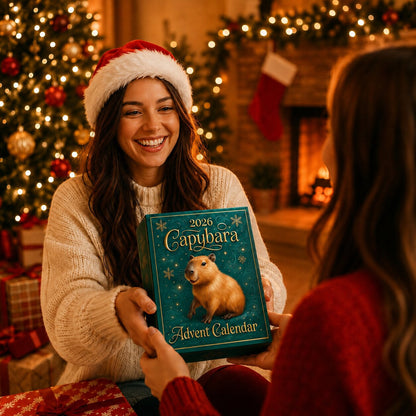 Smiling woman in a Santa hat and cream jumper hands the teal advent box to another person by a lit Christmas tree. 2