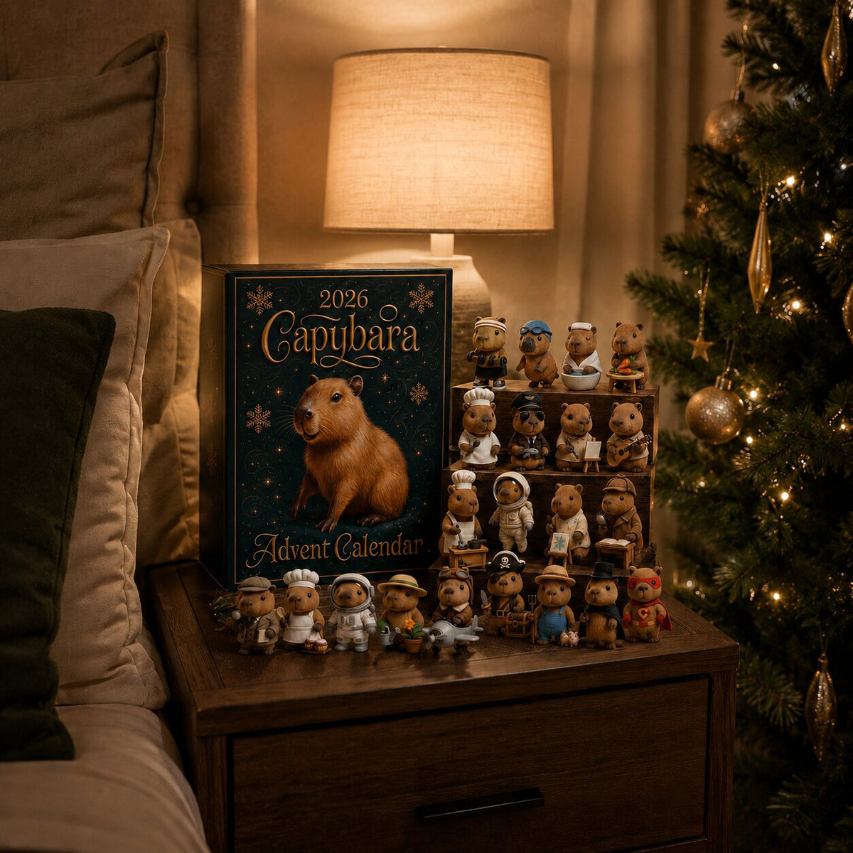 Advent box and the full set of costumed capybara figures displayed on a wooden bedside table next to a lamp and Christmas tree. 5