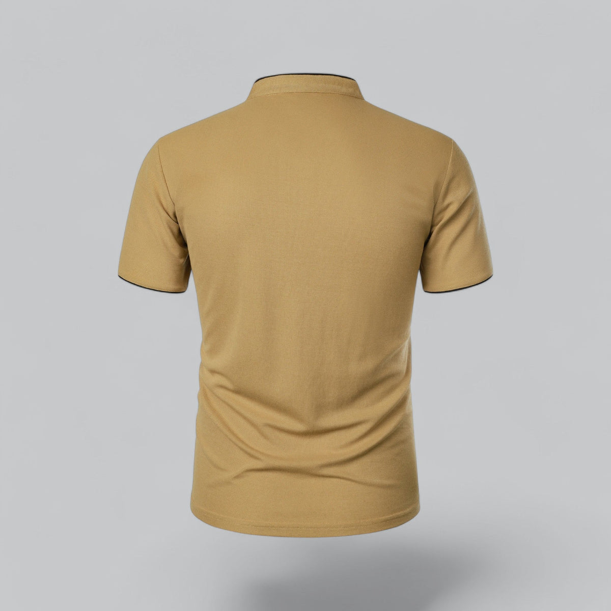 Back view of the mustard-tan polo, plain back with stand-up neckband and black sleeve edging 10