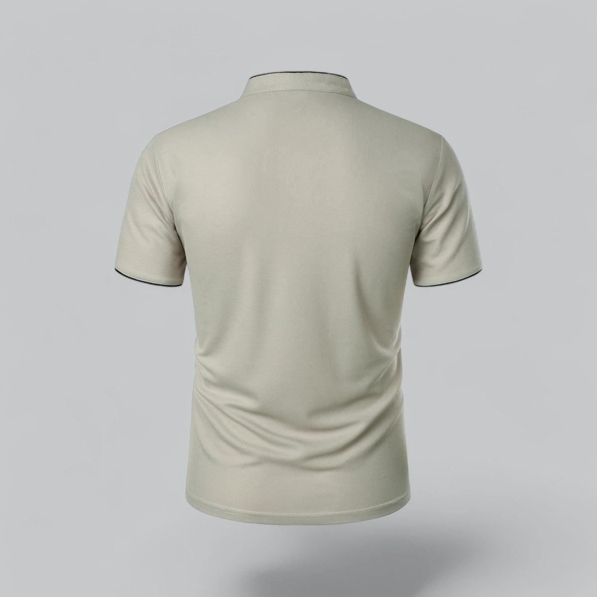 Back view of the pale stone polo, plain back with black trim at neckband and sleeves 12