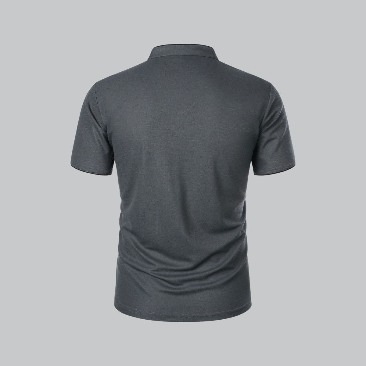 Back view of the dark grey polo, plain back with stand-up neckband and black sleeve edging 14