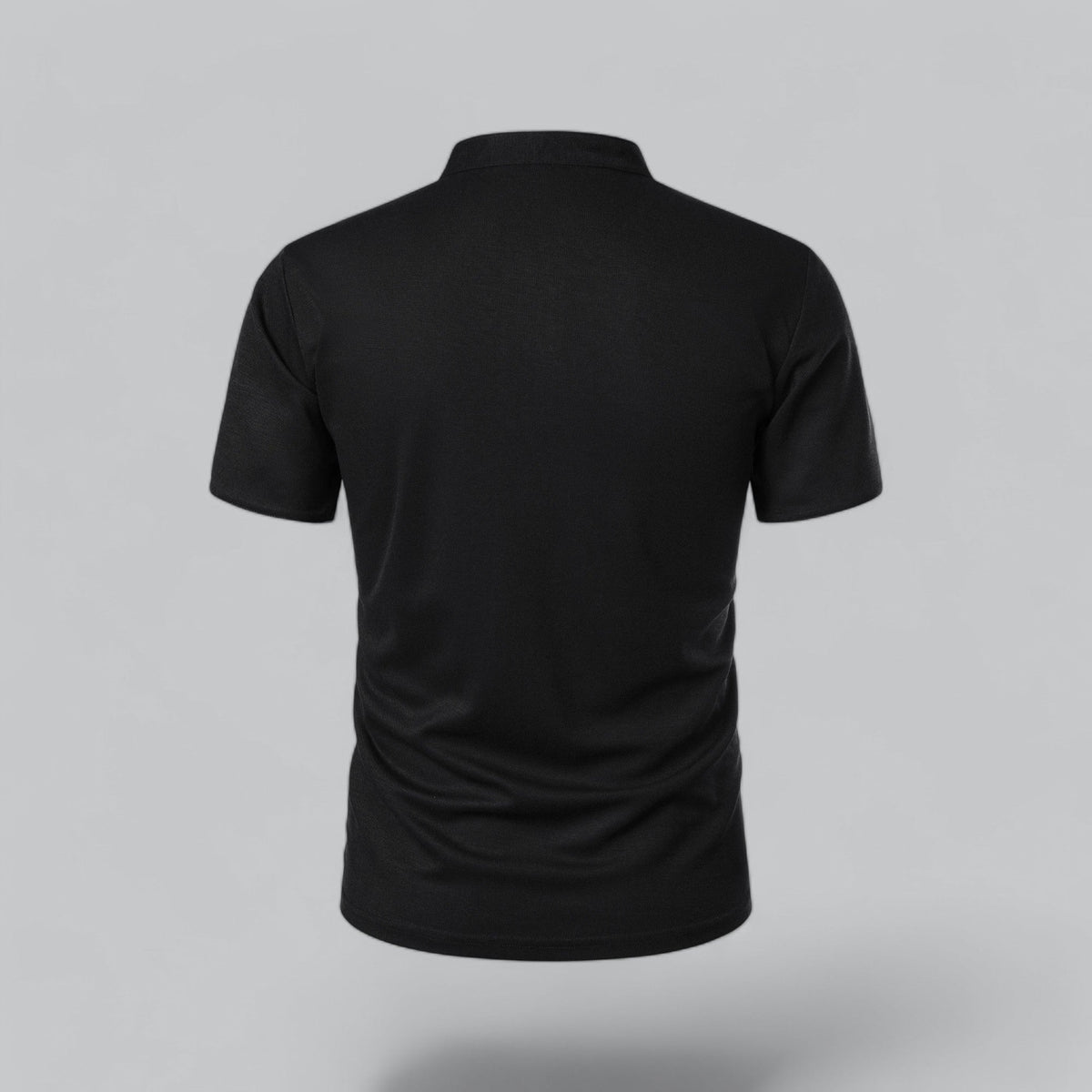 Back view of the black polo with plain back and stand-up neckband 16