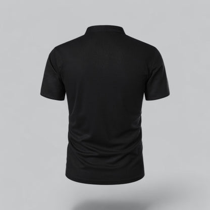 Back view of the black polo with plain back and stand-up neckband 16