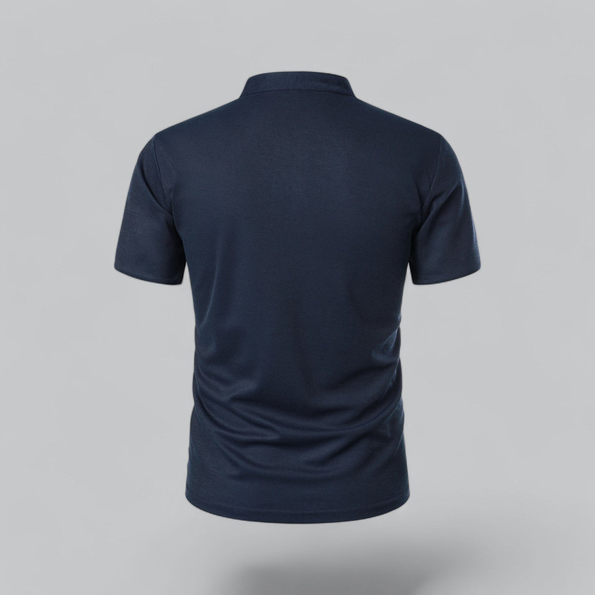 Back view of the navy polo, plain back with stand-up neckband 18