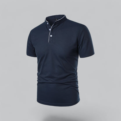Angled three-quarter view of the navy polo showing white placket piping and pale buttons 19