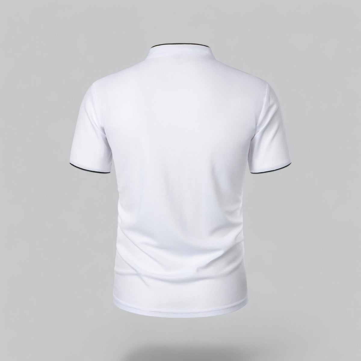 Back view of the white polo, plain back with black piping at neckband and sleeve hems 20
