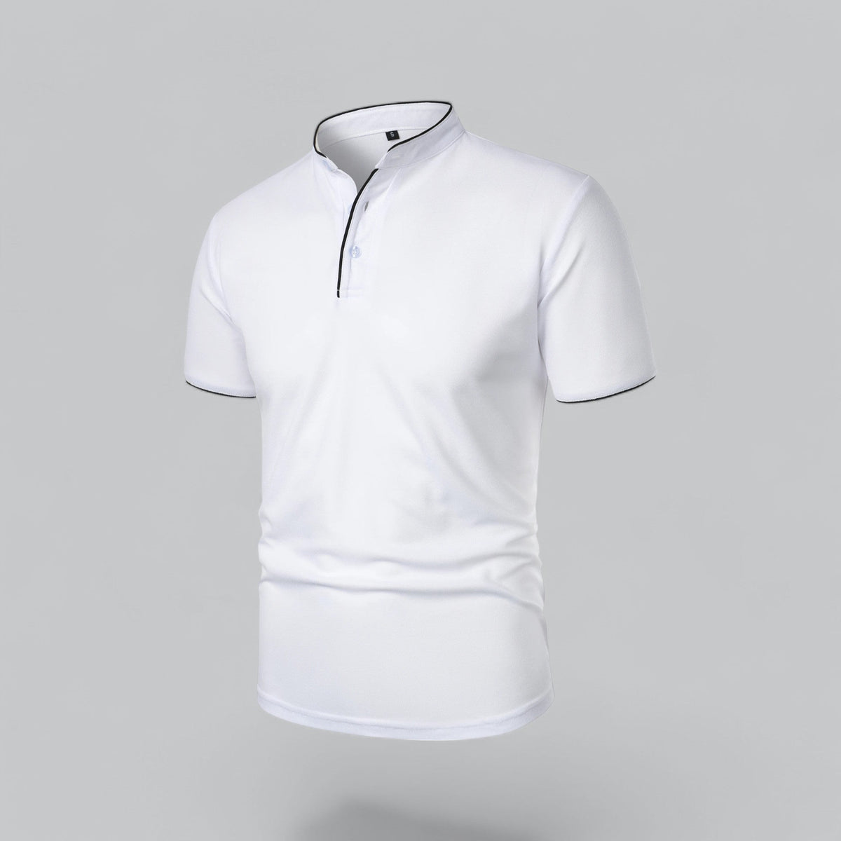 White short-sleeved polo with black piping on the stand-up neckband, placket and sleeve hems, shown from the front 21