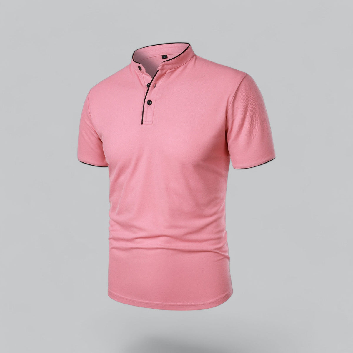 Pink short-sleeved polo seen from the front at an angle, with black buttons and black piped neckband 23