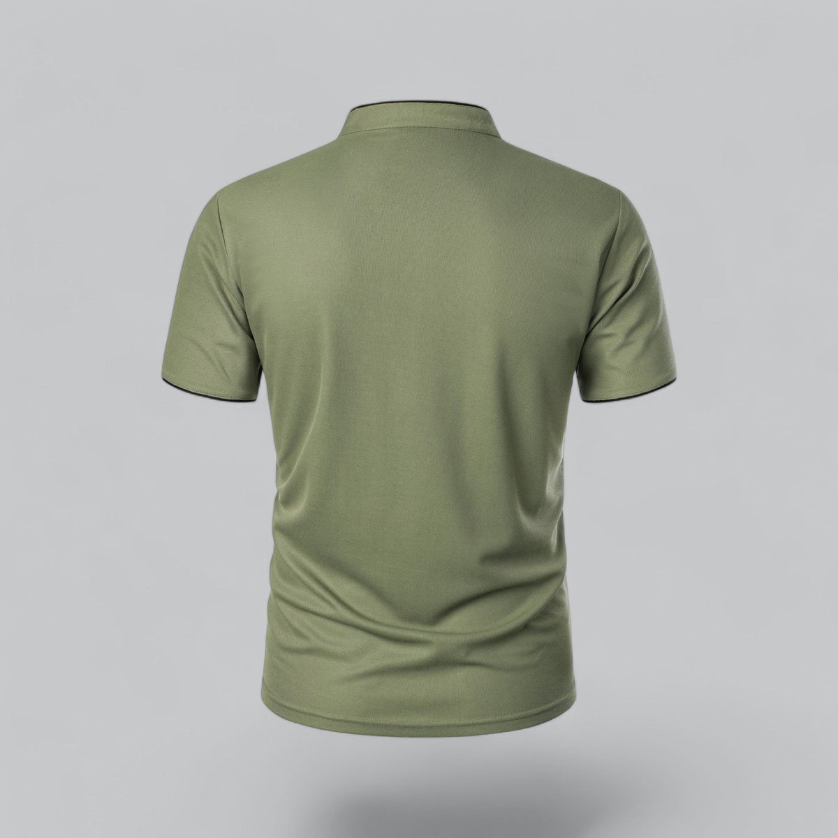 Back view of the olive green short-sleeved polo, plain back with black trim at the neckband and sleeves 24
