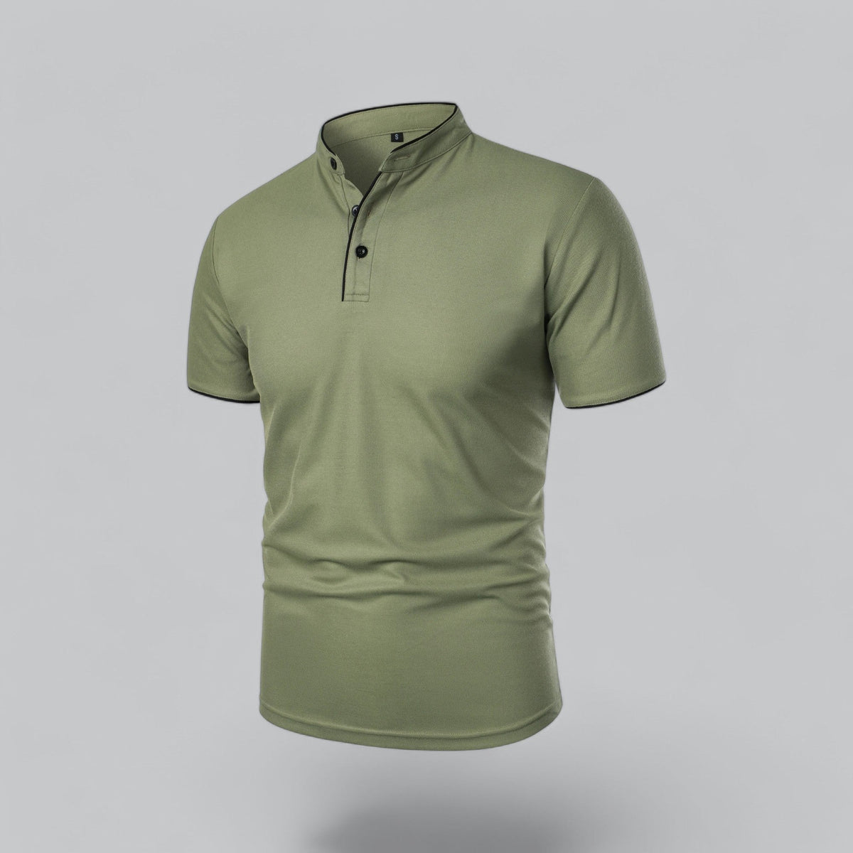 Olive green short-sleeved polo from the front at an angle, showing black buttons and contrast piping on the placket 25