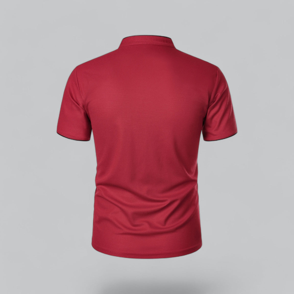 Back view of the red short-sleeved polo with its stand-up neckband and black-edged sleeve hems 26