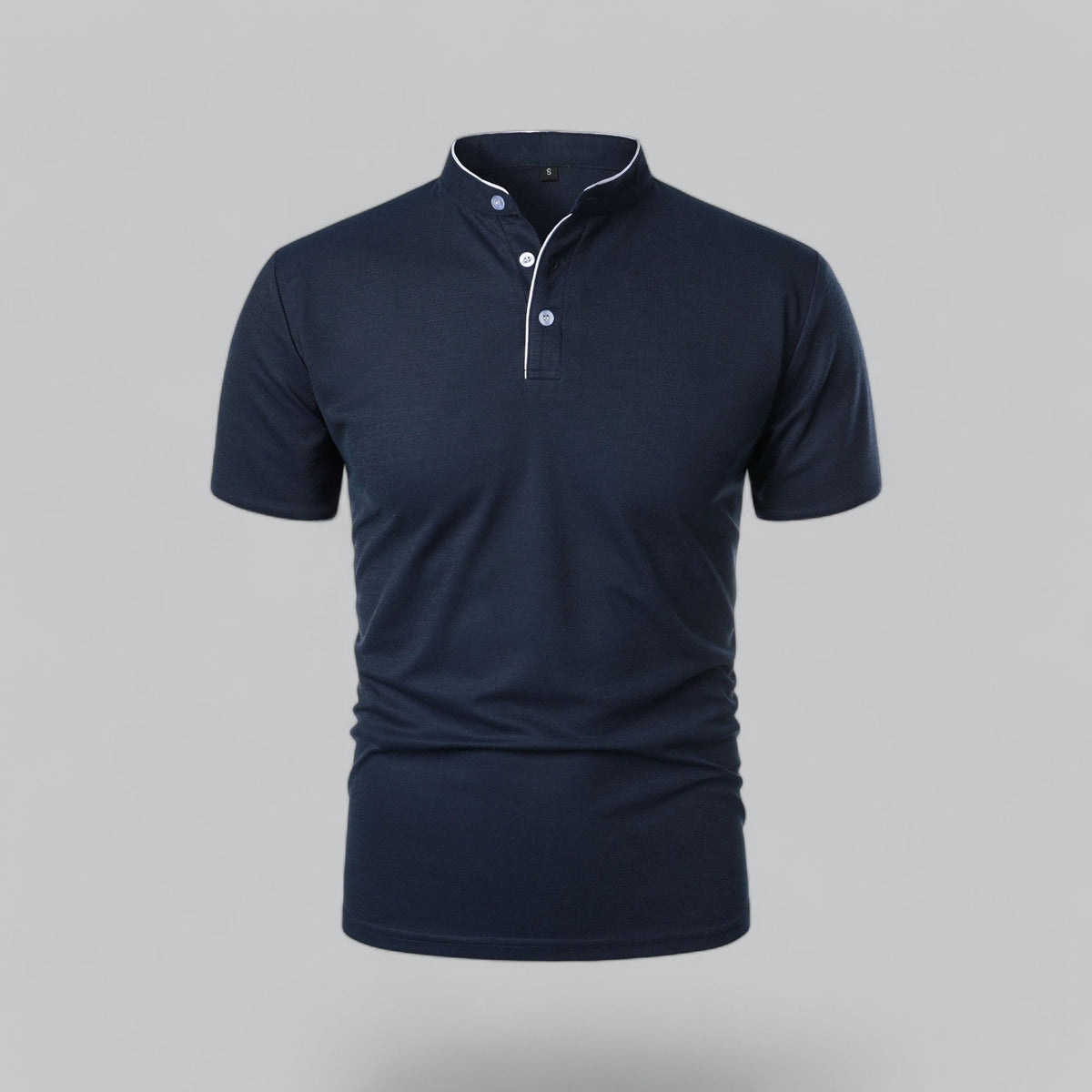 Front view of a navy polo with white placket piping and pale blue-grey buttons 5