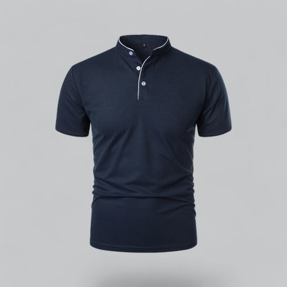 Front view of a navy polo with white placket piping and pale blue-grey buttons 5