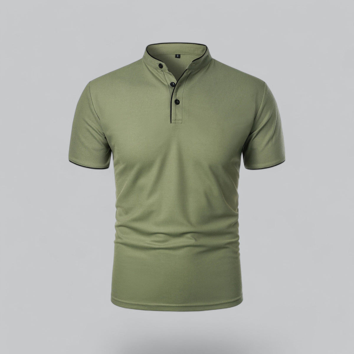 Front view of an olive-green polo with black buttons and black piping on collar and sleeves 8