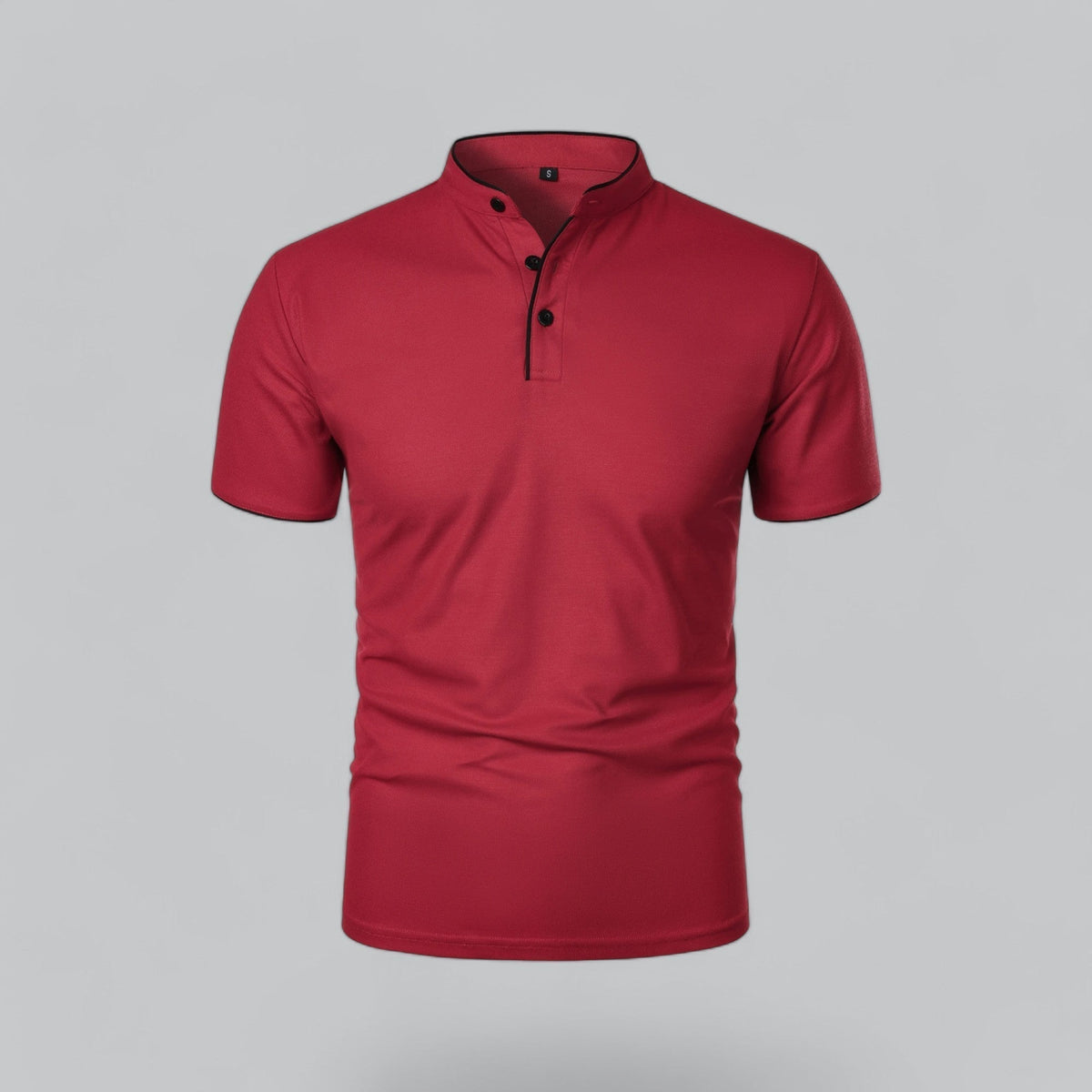 Front view of a red polo with stand-up neckband, black buttons and black trim 9
