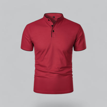 Front view of a red polo with stand-up neckband, black buttons and black trim 9