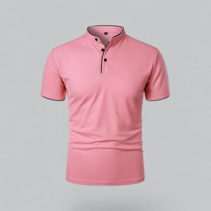 Front view of a pink polo with stand-up neckband, black buttons and black trim 7