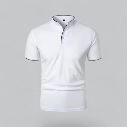 Front view of a white polo with black piping at the neckband, placket and sleeve hems 6