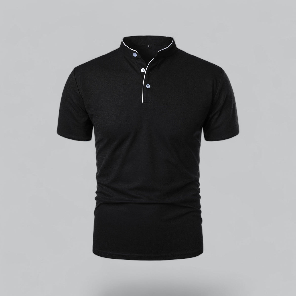 Front view of a black polo with white piping on the neckband and placket, and pale buttons 4