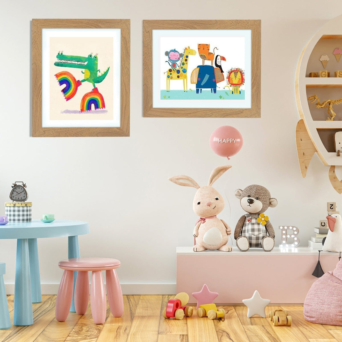 Two oak-effect frames on a nursery wall showing a crocodile on rainbows and a group of animals. 13