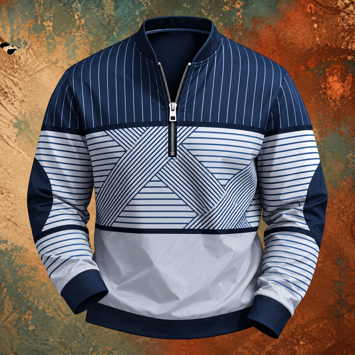 Navy and white version of the half-zip pullover laid flat, showing pinstriped yoke, geometric chest panel and contrast cuffs. 2