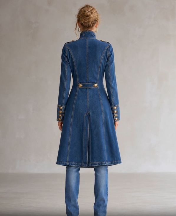 Back view of the blue denim coat showing the seamed panels, buttoned waist tab, central back vent and buttoned cuffs. 5