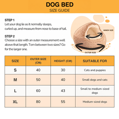 Size chart for the bed showing four sizes with outer measurements, heights and suitable pets, plus a diagram of how to measure. 11