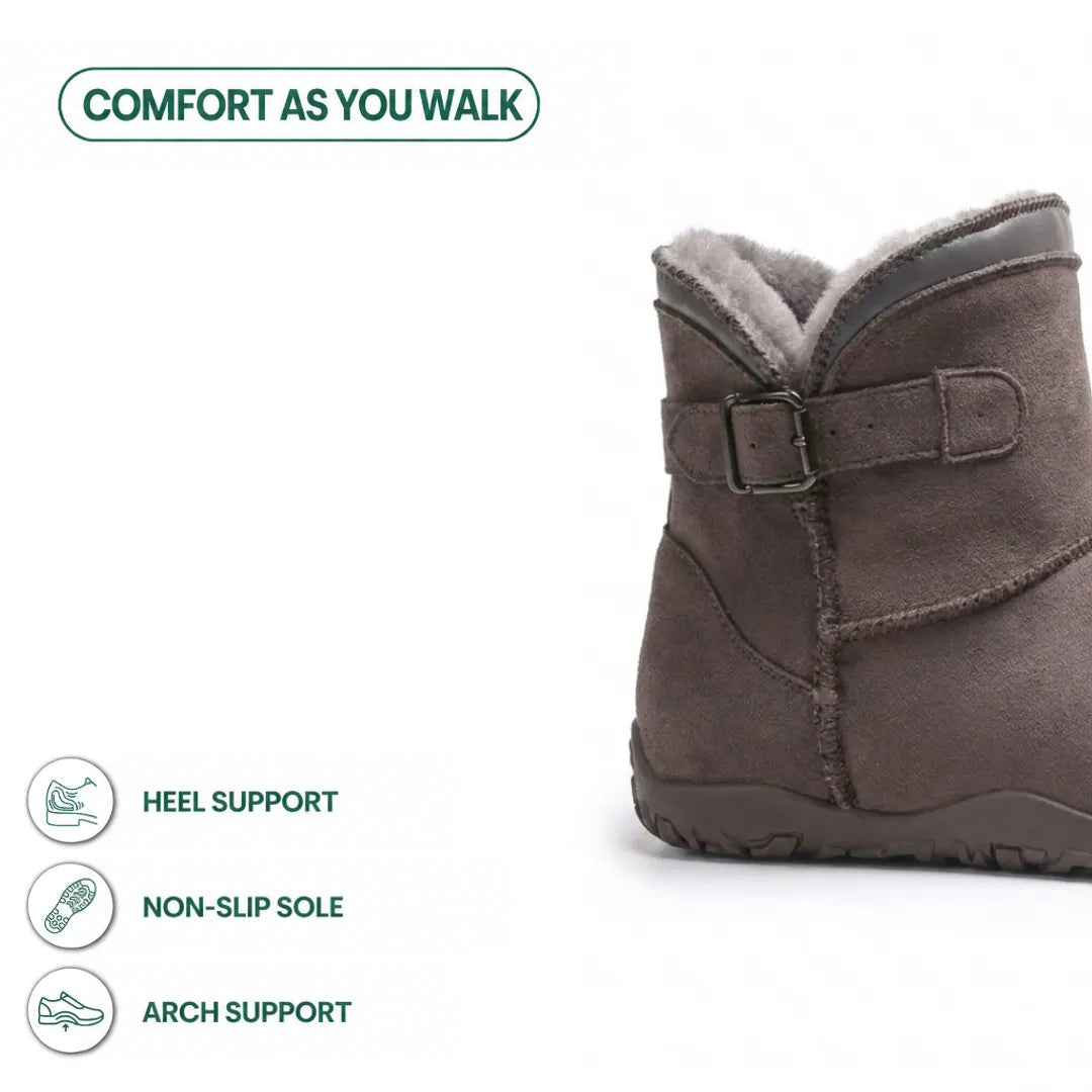Brown-grey suede boot cropped at the heel and ankle, showing buckle strap, grey fleece collar and sole, with feature icons 40