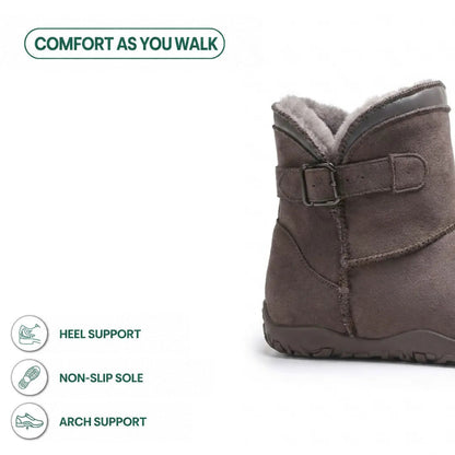 Brown-grey suede boot cropped at the heel and ankle, showing buckle strap, grey fleece collar and sole, with feature icons 40