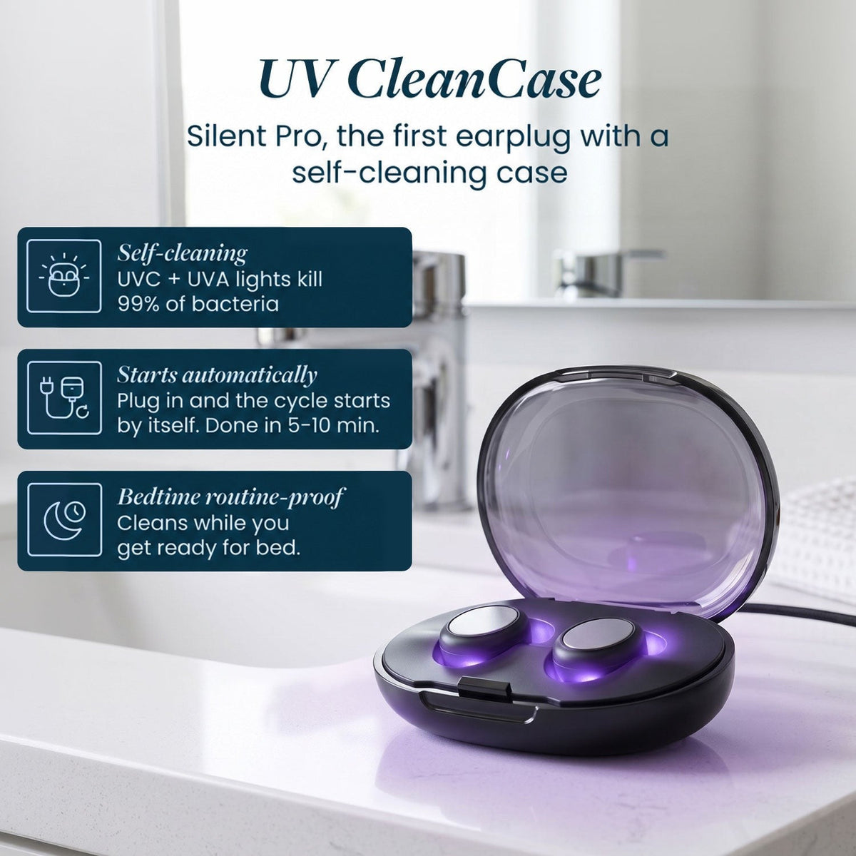 Black earplug case glowing purple with UV light and both earplugs inside, on a bathroom counter, with feature panels. 4