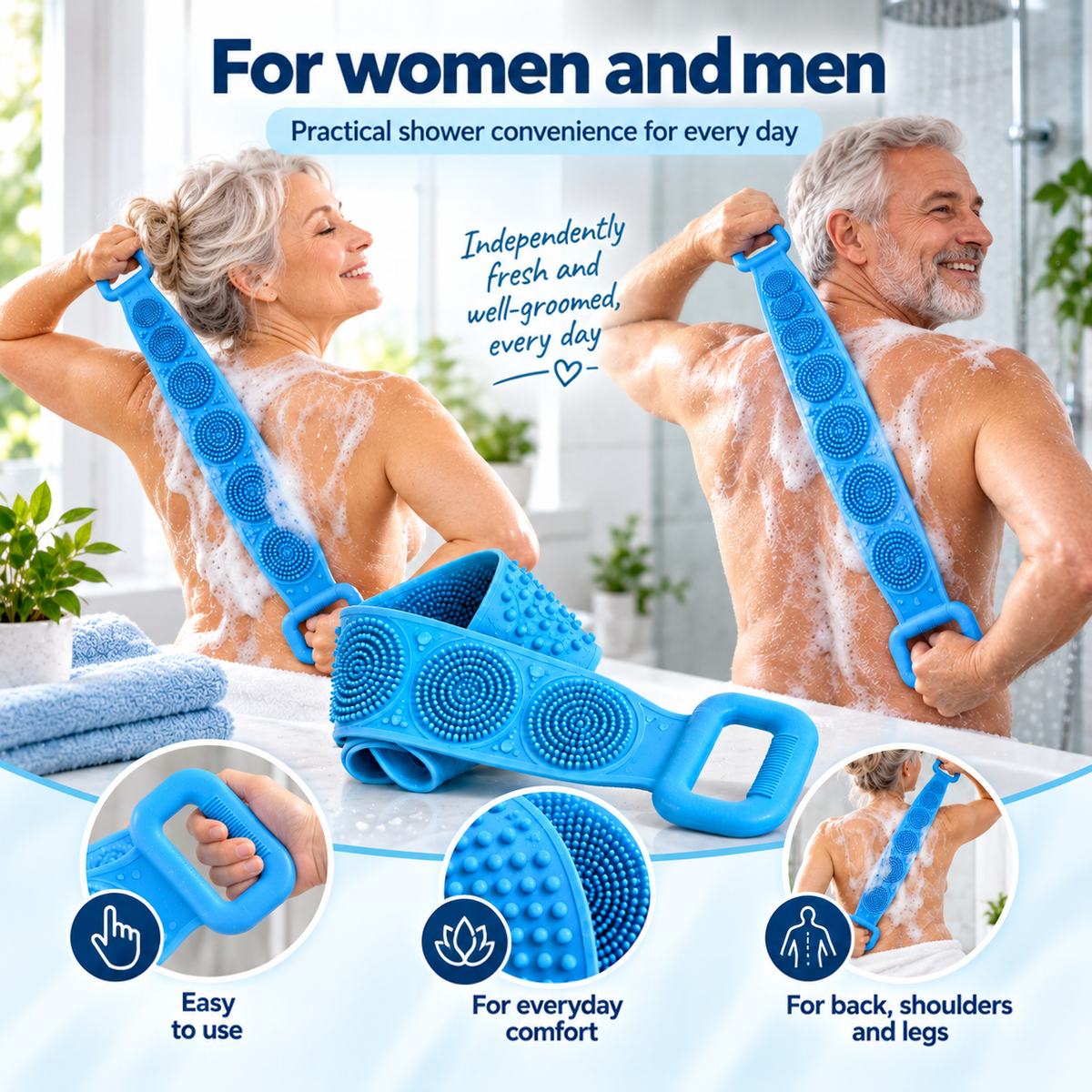 Woman and man each scrubbing their back with the blue strap, with a handle close-up 5