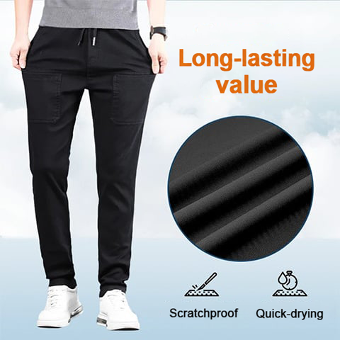 Model in black trousers beside a close-up of the dark fabric weave with scratchproof and quick-drying icons 3