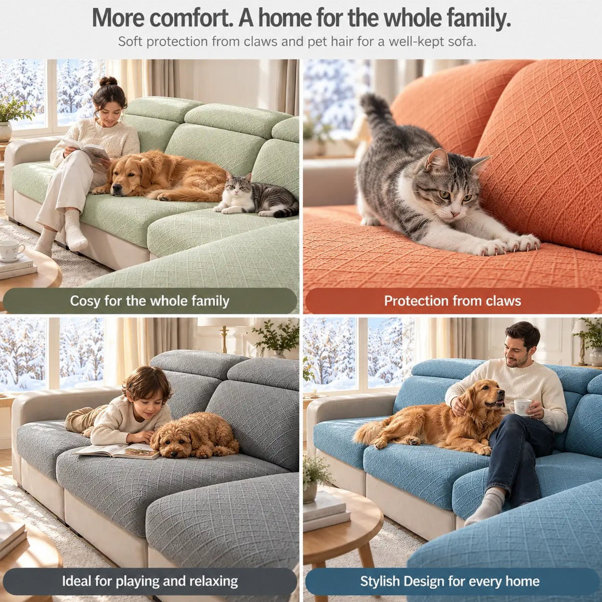 Four-panel collage of the covers in green, orange, grey and blue with family and pets 6