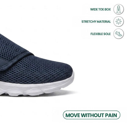Close-up of the navy shoe's wide toe box and white sole, with icons for stretchy material and flexible sole. 5