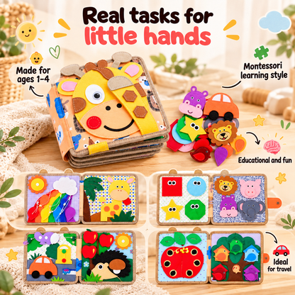 Giraffe-cover book with scattered felt pieces and four open spreads showing rainbow, shapes, car and apple pages 3