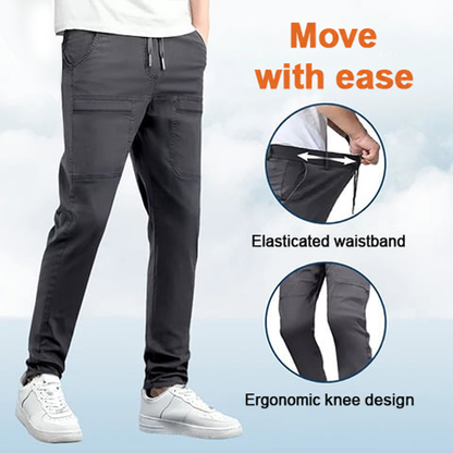 Grey trousers worn by a model, with detail circles showing the elasticated waistband and the knee design 15
