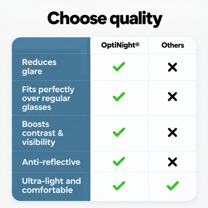 Comparison table with ticks and crosses setting these glasses against other brands on glare, fit over spectacles, contrast, reflection and weight. 7
