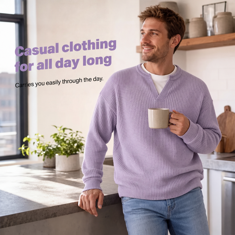 Smiling man holding a mug in a bright kitchen, wearing the lilac waffle knit top with jeans. 5