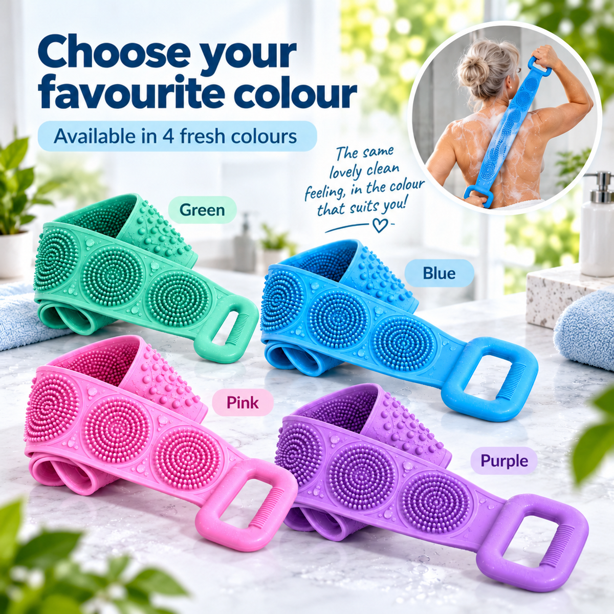 Four scrubbers in green, blue, pink and purple lying on a marble surface 8