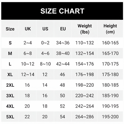 Size chart table matching sizes S to 5XL with UK, US and EU equivalents, body weight and height ranges. 9