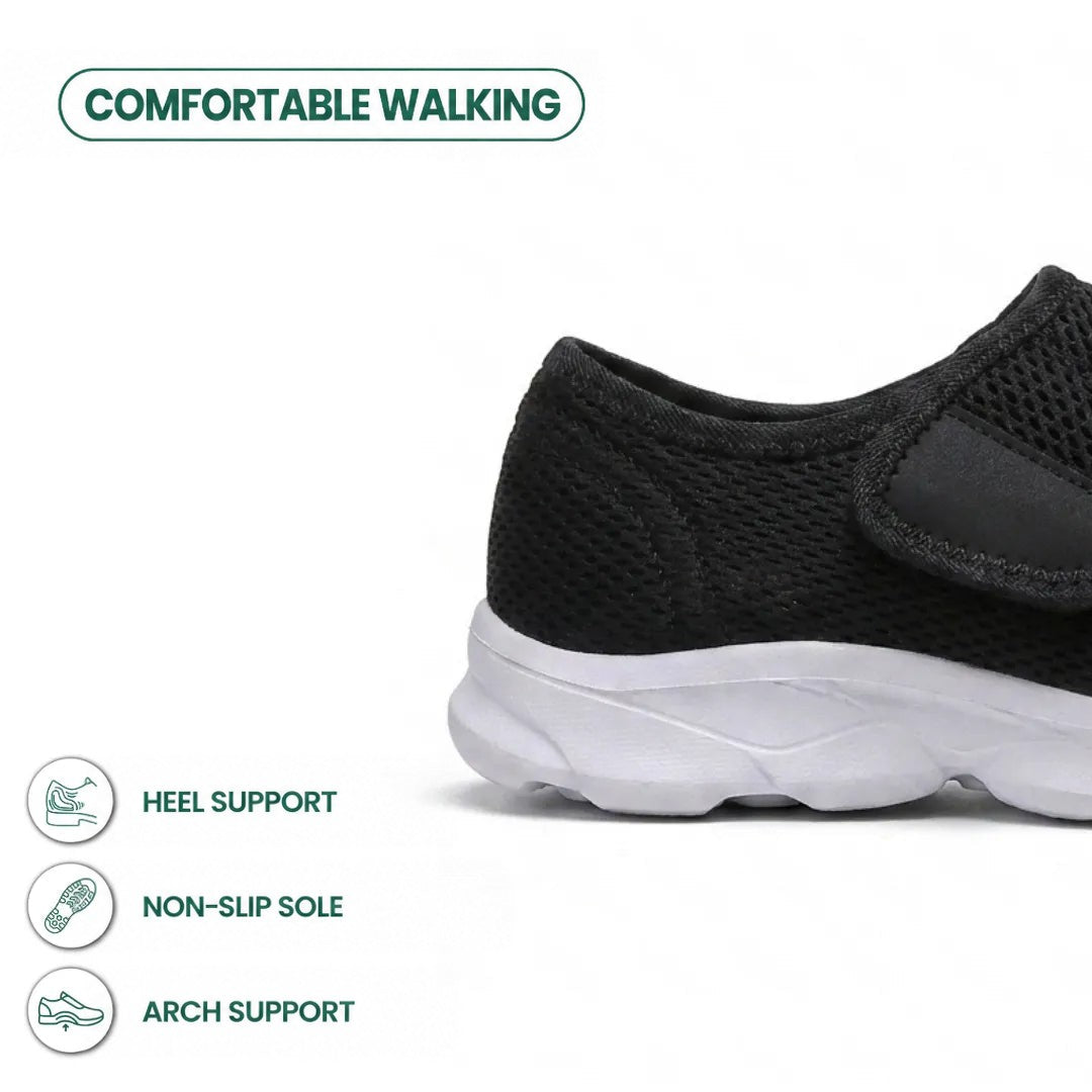 Close-up of the heel of the black mesh shoe with hook-and-loop strap and white sole, with feature icons. 22