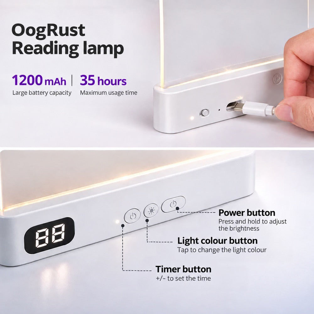 Close-ups of the white base showing the USB-C charging port, timer display and control buttons 8