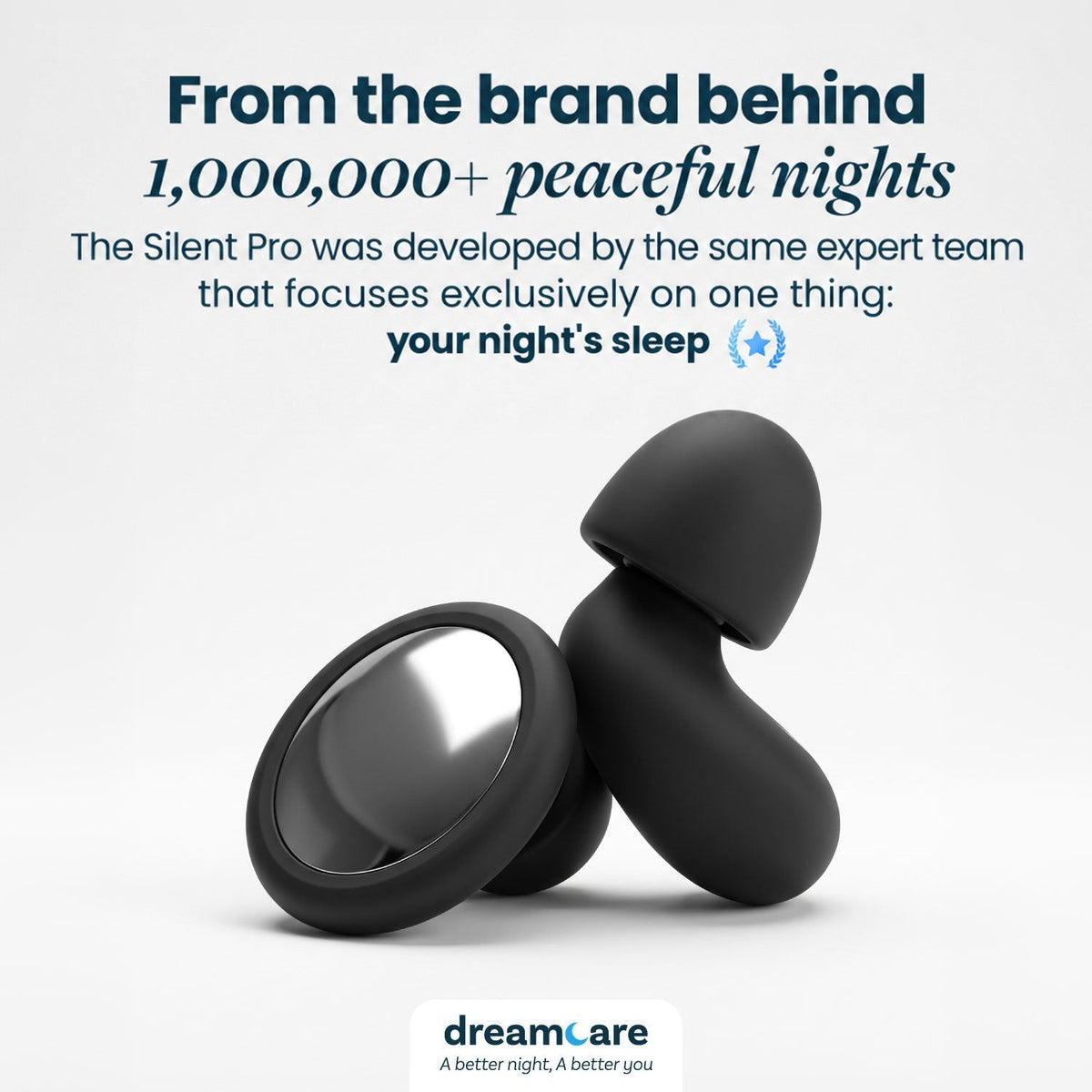 Pair of black earplugs with a mirrored silver face on a light grey background, with German brand story text above. 16