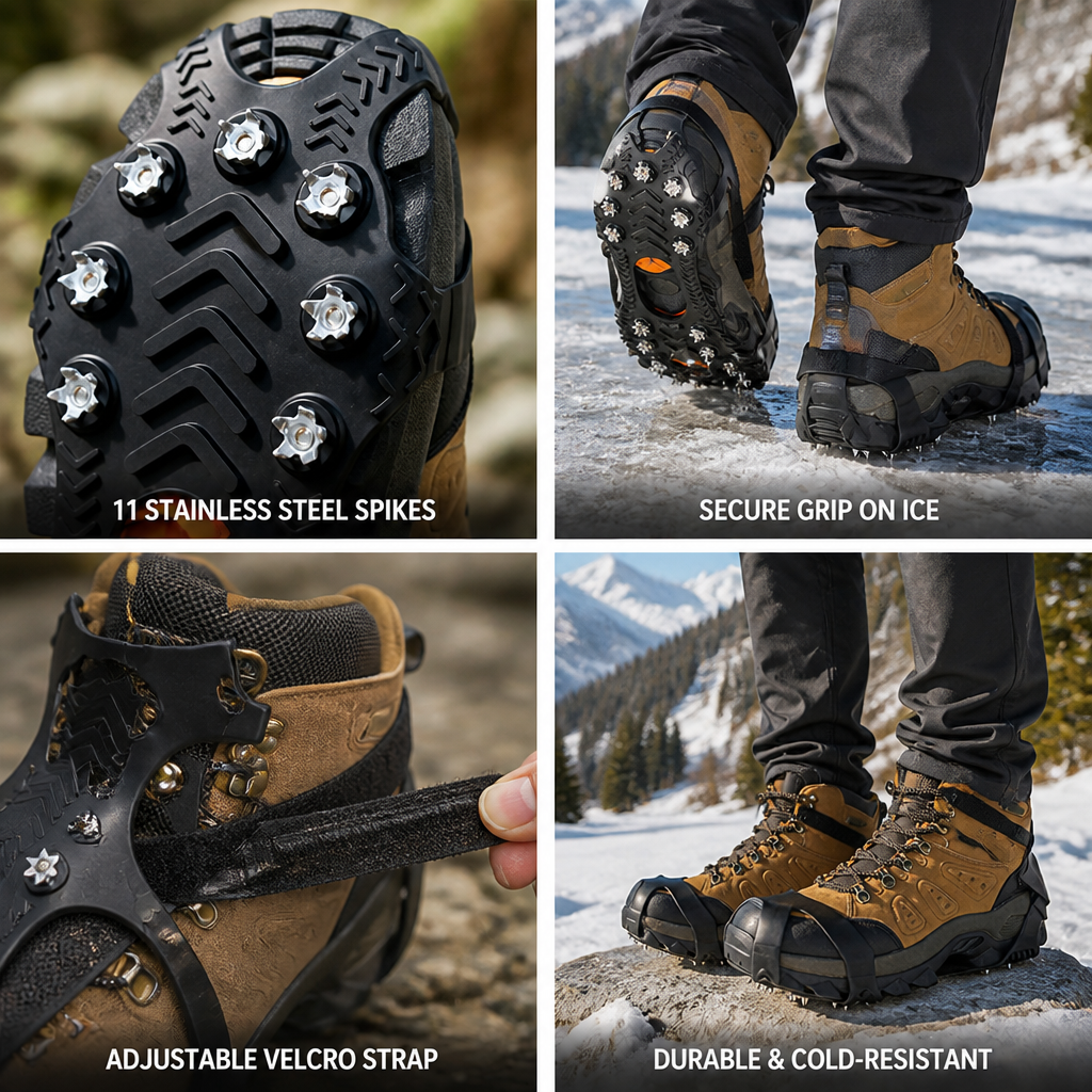 Four-panel collage: close-up of steel studs, cleats on ice, adjustable strap detail and boots on a snowy mountain 2