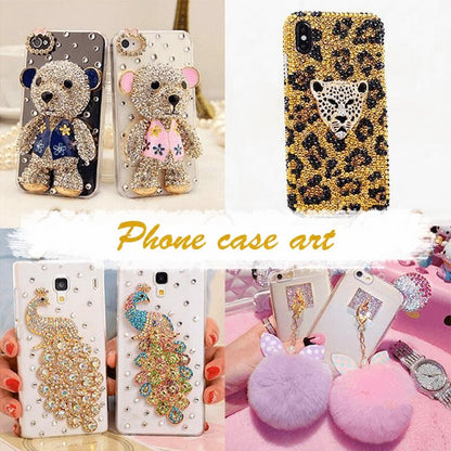 Collage of phone cases decorated with gems, including teddy bears, a leopard print and peacocks 10