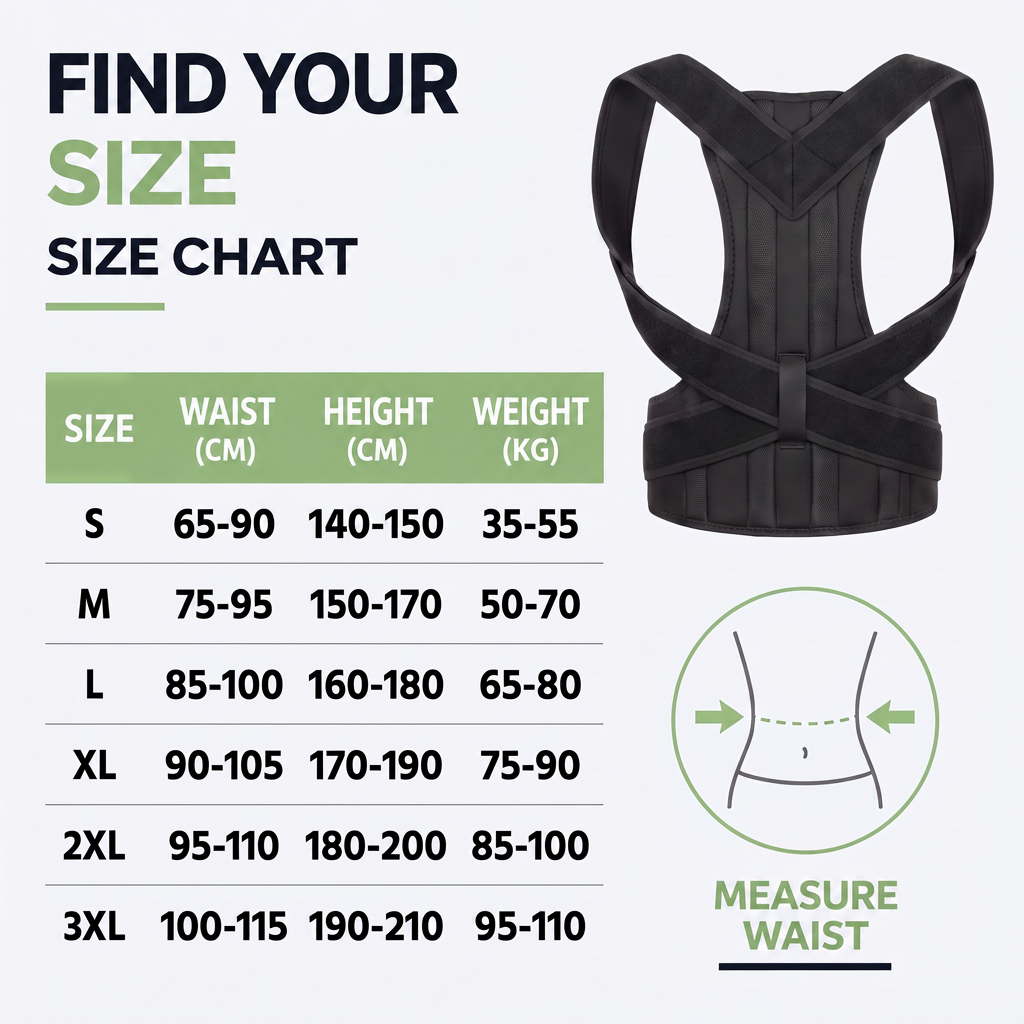 Black posture brace shown beside a size chart table and a diagram showing where to measure the waist. 5