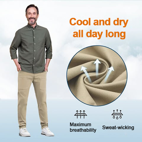 Man in beige trousers and green shirt beside a close-up of breathable fabric with airflow arrows 12