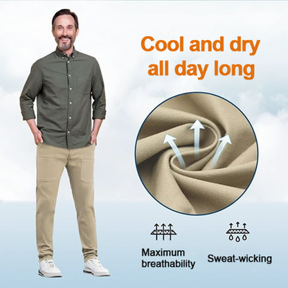Man in beige trousers and green shirt beside a close-up of breathable fabric with airflow arrows 12