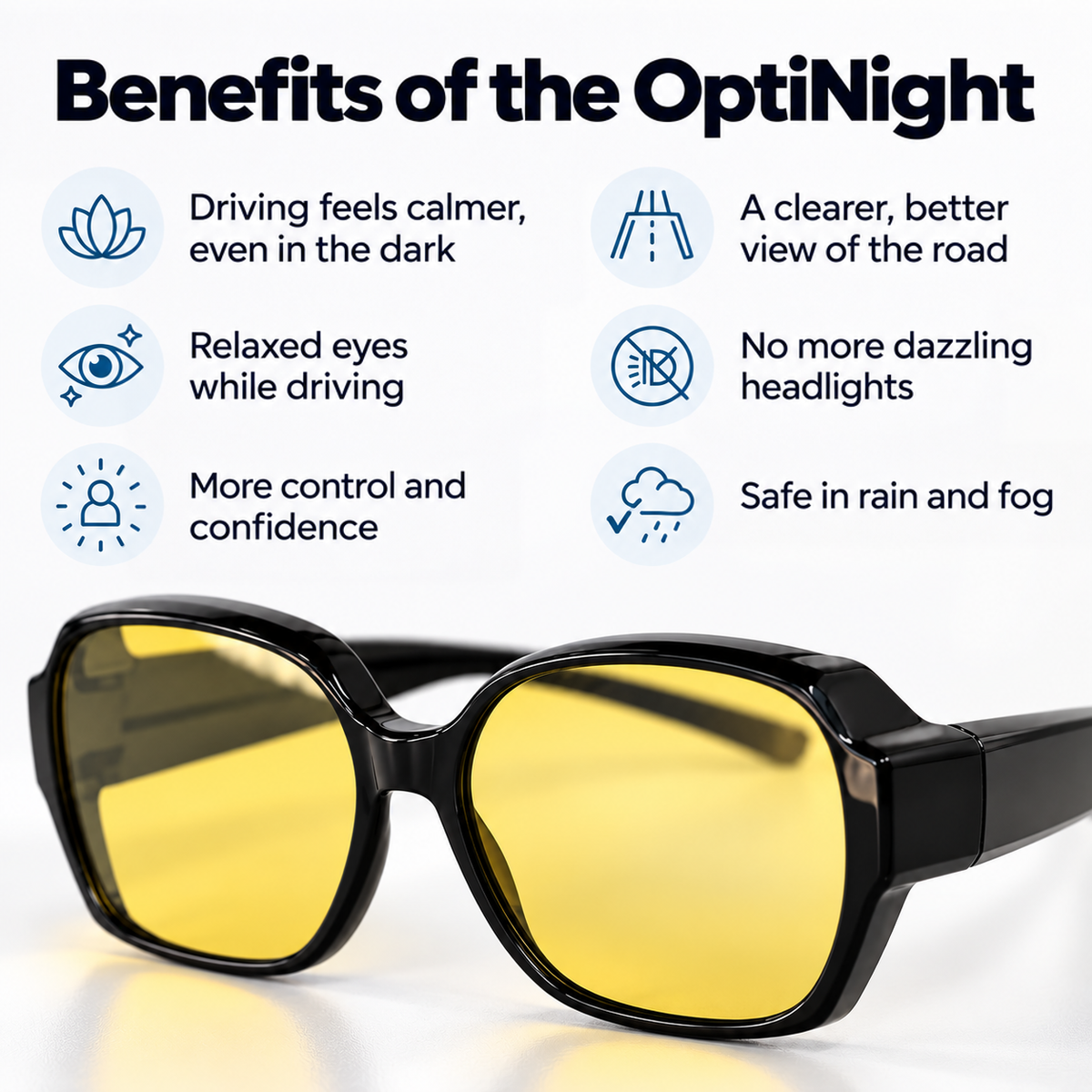 Oversized black glasses with yellow lenses beneath six icon-led benefit panels covering calmer driving, relaxed eyes, clearer roads and less headlight glare. 3